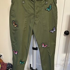 Reclaimed Vintage pants, Olive, butterfly patches, Size M and Size L